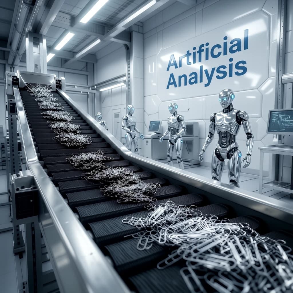 Close up point of view perspective on a conveyor belt pumping out paperclips at a maddening pace. The high tech factory has Artificial Analysis printed proudly on the wall. Robot staff look approvingly over the robust output.