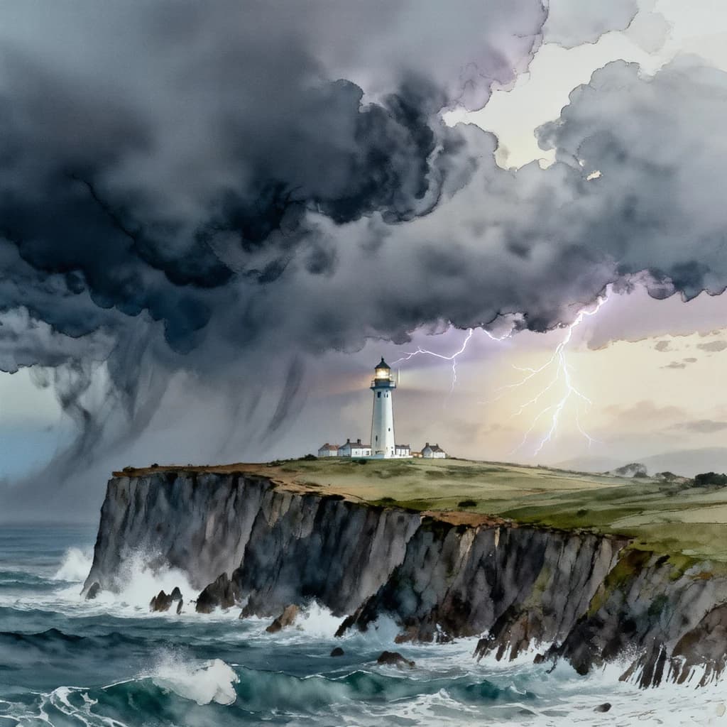 Please paint a watercolor of stormy cliffs and a lighthouse, moody sky.