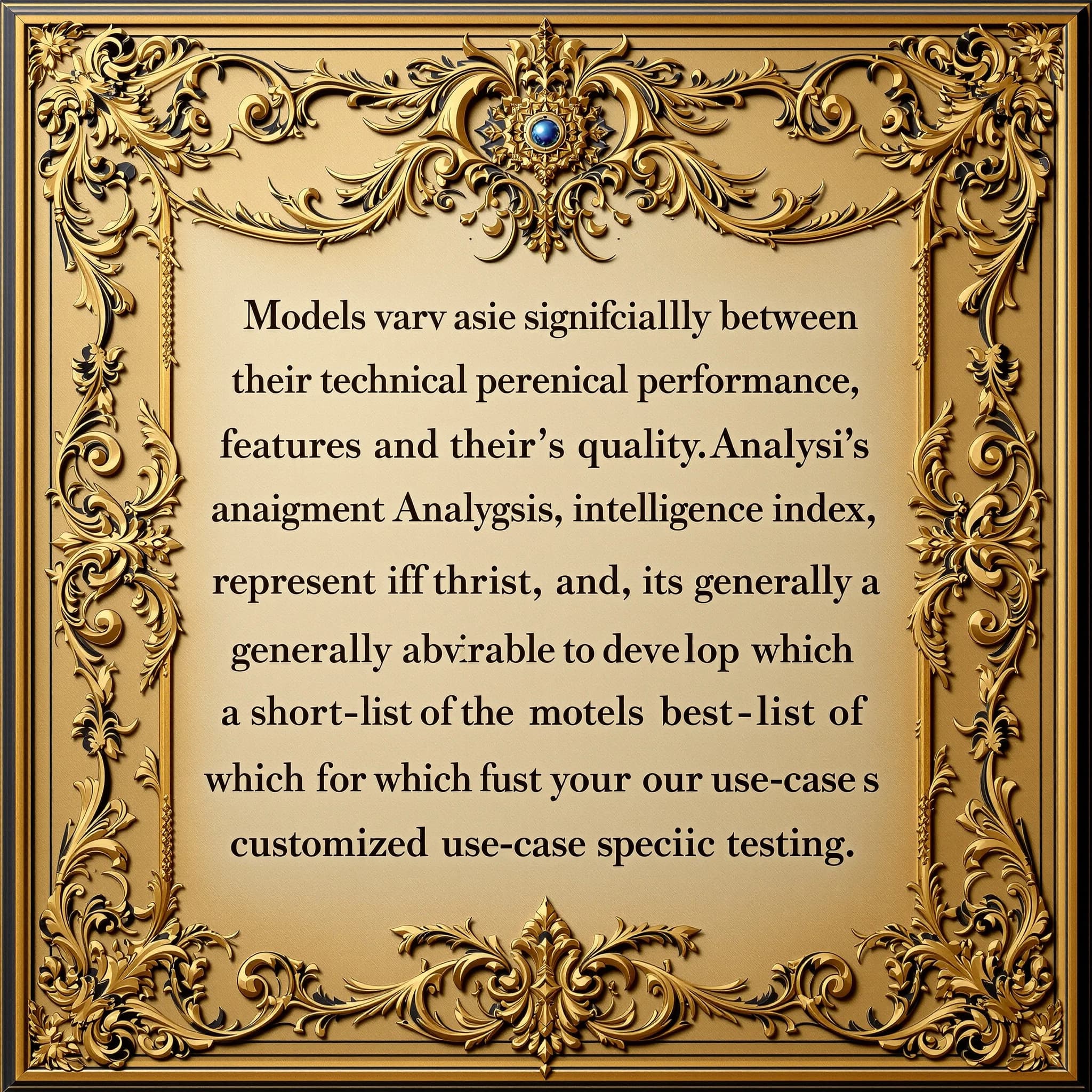 On a flat layout, write in an ornate baroque style "Models vary significantly between their technical performance, features and their quality. Artificial Analysis's intelligence index represents a generalist perspective and is useful as an indicator of the quality of responses. It is generally advisable to develop a short-list of models which best suit your use-case for customized use-case specific testing. "