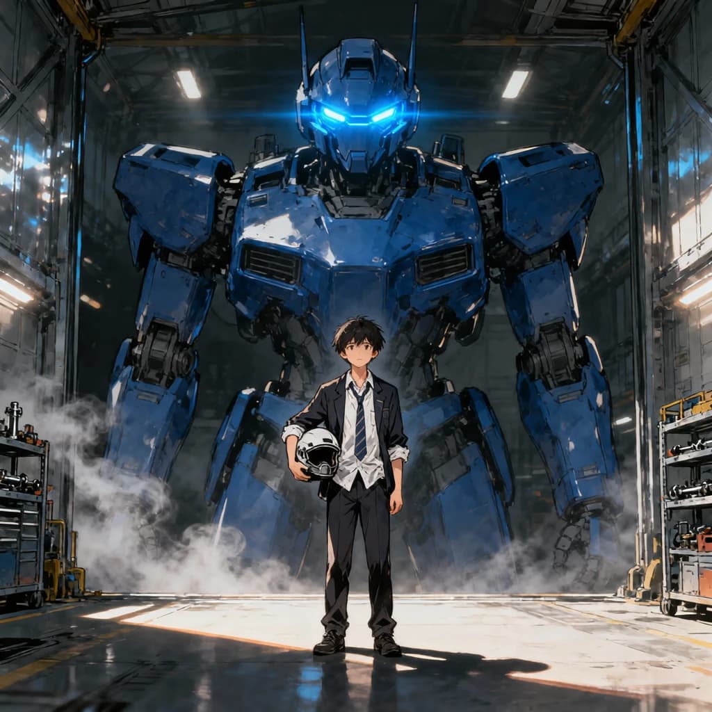 A teenage pilot grips his helmet under one arm, standing at the edge of a glowing hangar bay. Before him looms a sleek, steel-blue mech, its eyes lit with a cold electric glare. His school uniform is rumpled, a sharp contrast to the machine’s flawless plating. The vast scale engulfs him in shadow, emphasizing both awe and dread. Hand-drawn anime style.