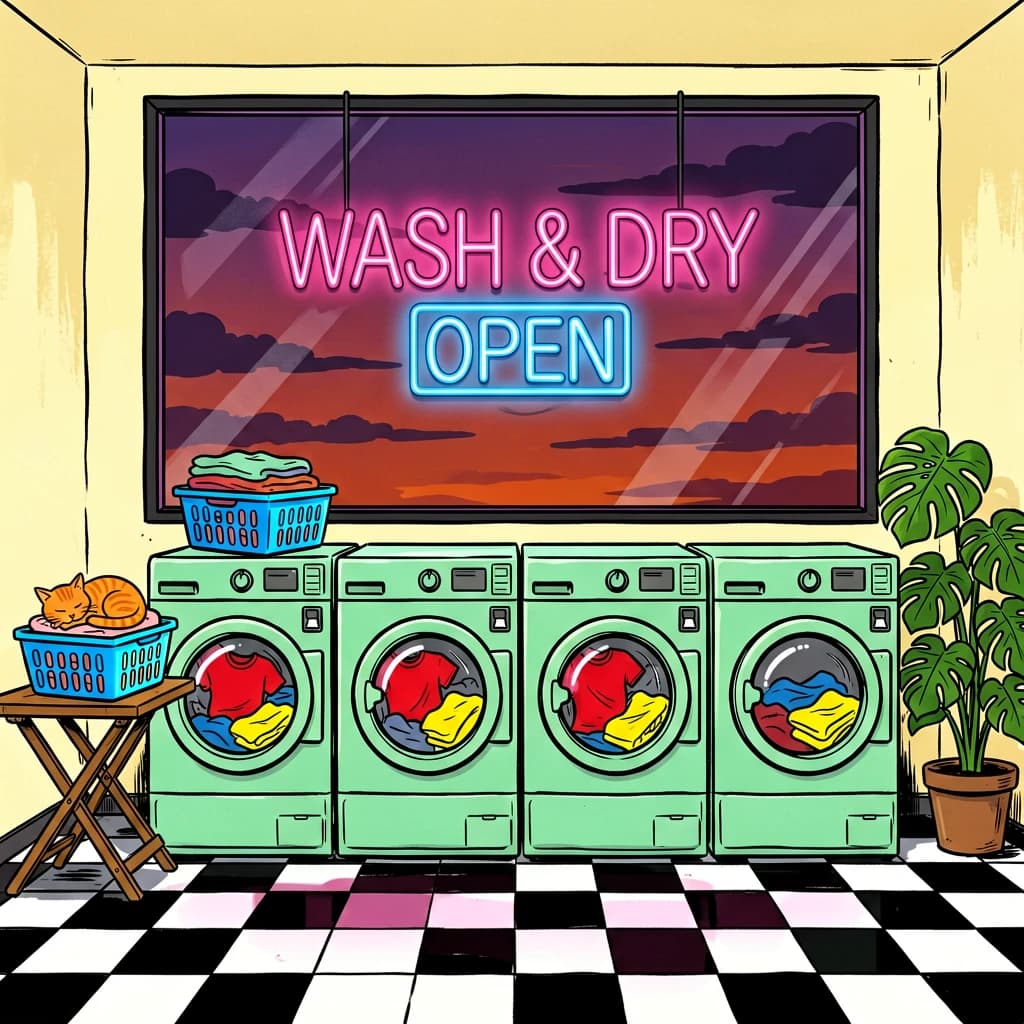 A cozy laundromat at dusk, neon humming, flat colors, bold inked lines.