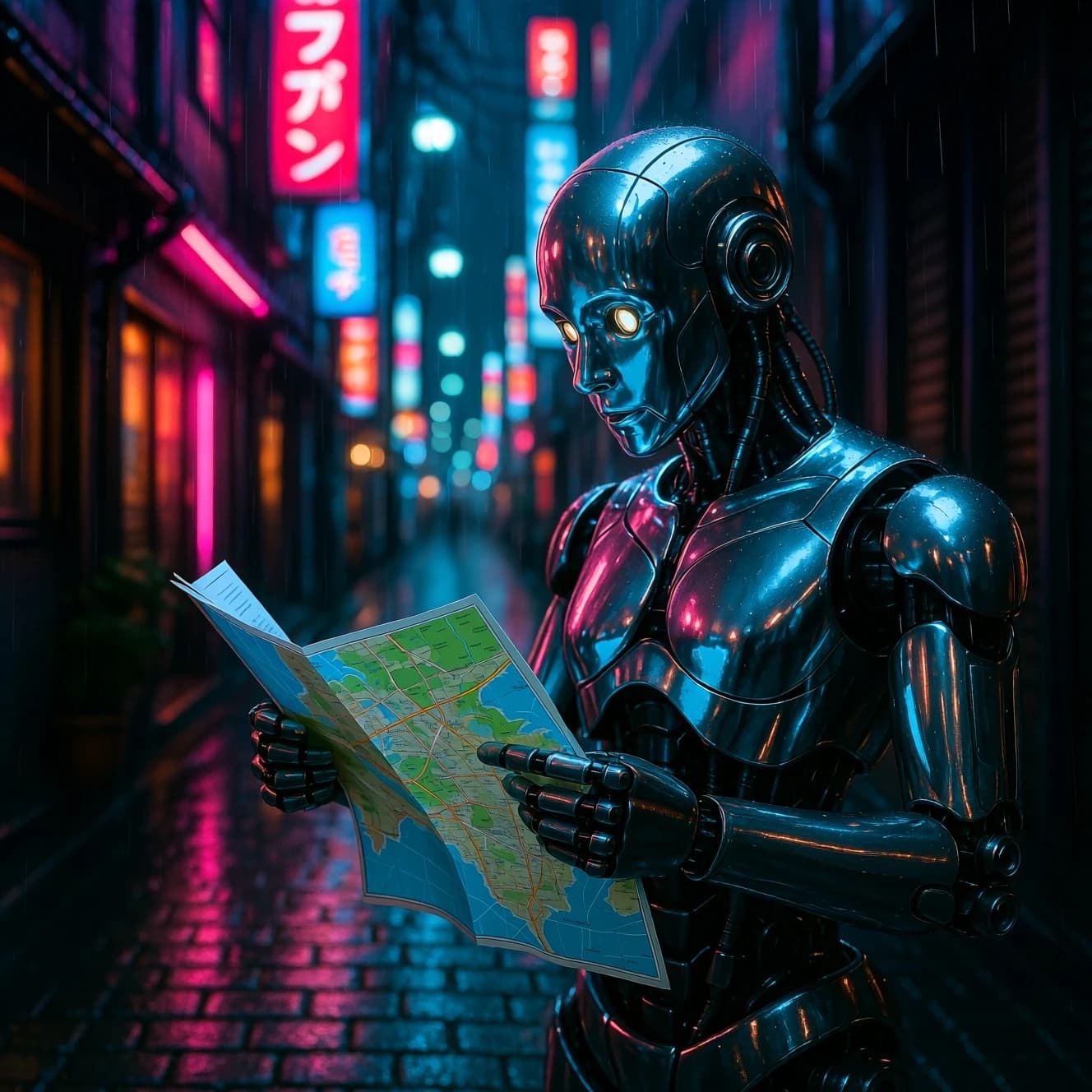Neon-lit Tokyo alley, rain-slick cobblestones, a chrome android checks a map.