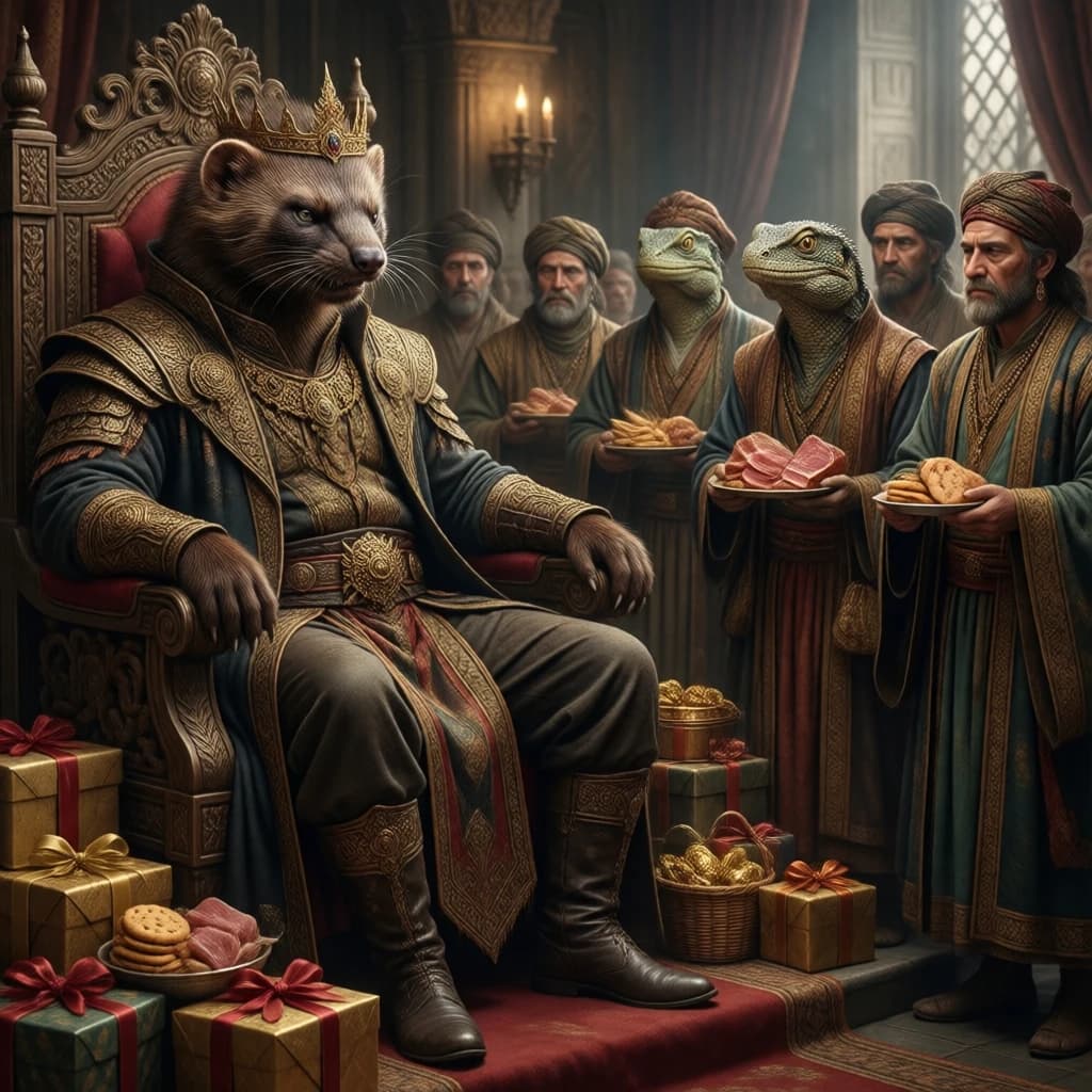 Big Weasel, the tyrannical ruler of the Levitus, slouches on his throne, his mood foul but somewhat brightened by the sight of gifts - a wearisome group of lizard traders adorned in fine silks proceed toward him through the hall with their annual tribute of biscuits, ham and gold - Big Weasel's favourites. Big Weasel's entourage looks on with stern approval.