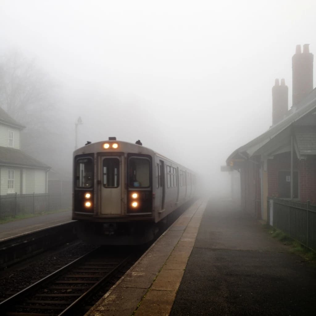 A commuter train enters a foggy little station.