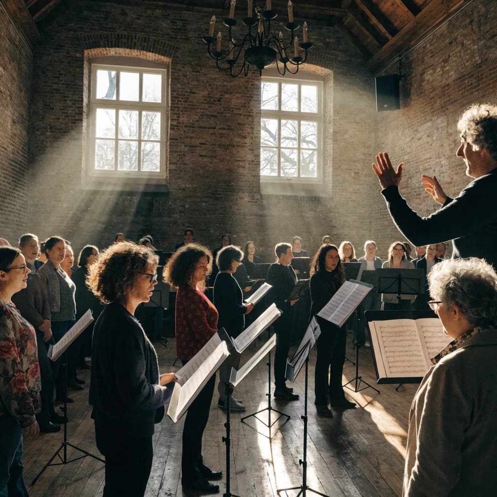 A choir rehearses in a brick hall as somewhat dramatic morning light falls through high windows, with a patient conductor mid-gesture, open scores, intent faces, slight motion blur.