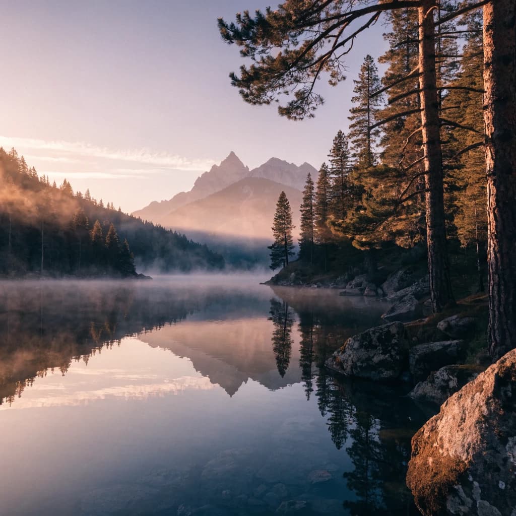 I want a photo of a misty alpine lake at dawn, pines, glassy water, warm light.