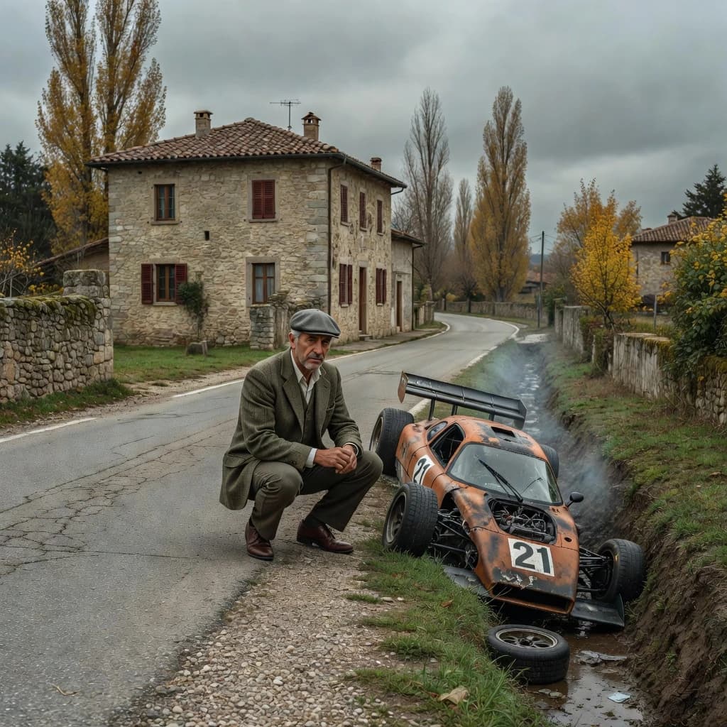 Mario examines the still smouldering wreck of the crash that took his best driver on the side of the country road. He designed this car and caused this. 3 days have passed since the crash. It's 1973 in Northern Italy.