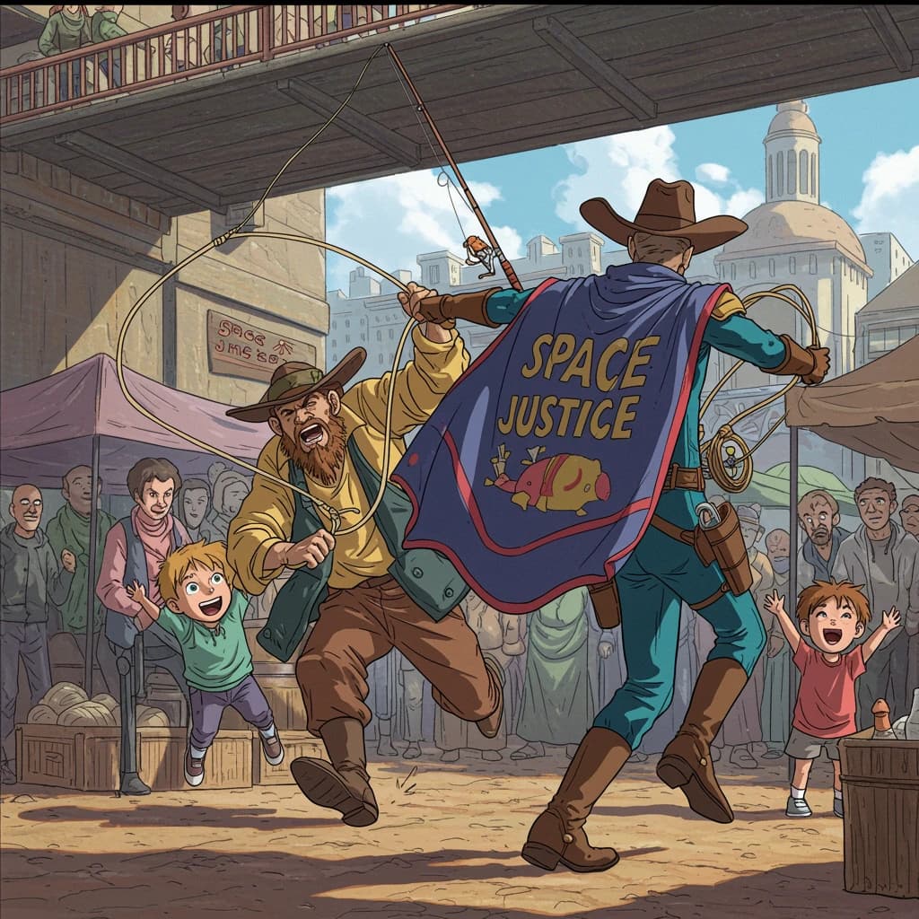 The space cowboy chases the deranged fisherman underneath the causeway, eager to collect on his bounty. Fishing rods and lines hang off the back off the fishermen as he darts between the bustling market crowd. We see the back of the space cowboy in his space poncho emblazoned with the words SPACE JUSTICE, spinning his lasso over his head. A child on the sidelines excitedly cheers the cowboy. 1990s hand drawn anime style with strong fluidity