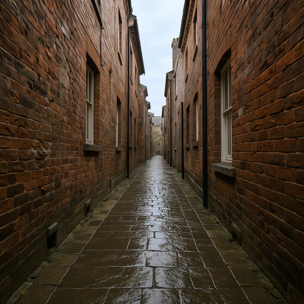 Show a narrow brick alley with wet cobblestones.