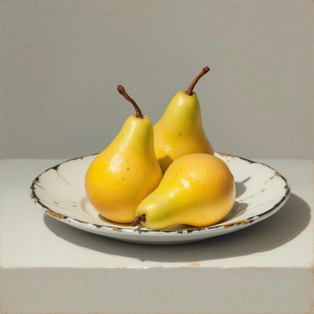 A gouache still life of pears on a chipped plate.