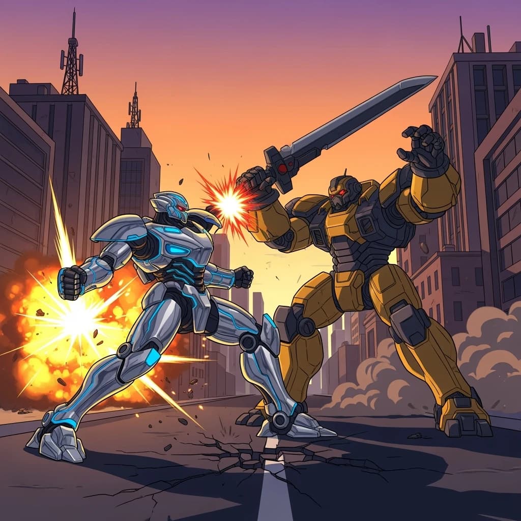 Make a cel-shaded mecha duel at dusk downtown.