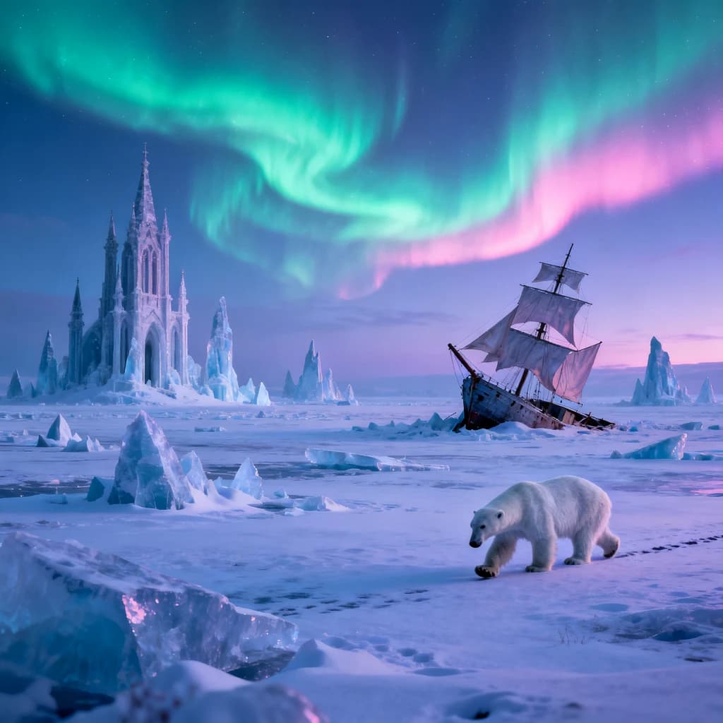 An endless tundra stretches outward, littered with jagged icebergs shaped like cathedral spires. A polar bear trudges across the foreground but leaves no tracks. Auroras ripple overhead. A half-buried shipwreck juts from the snow — sails billowing despite the still air.
