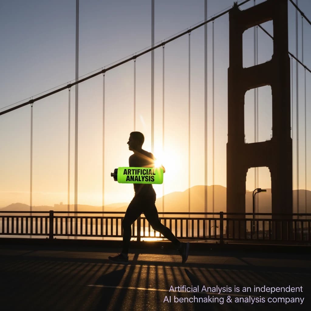 A runner dashes across the Golden Gate Bridge at dawn, sunlight streaming between cables. In their hand, they carry a neon-green sports drink with the brand name Artificial Analysis splashed boldly across the bottle. Motion blur emphasizes speed, while crisp purple sans serif typography overlays the bottom right of the scene with the tagline: Artificial Analysis is an independent AI benchmarking & analysis company