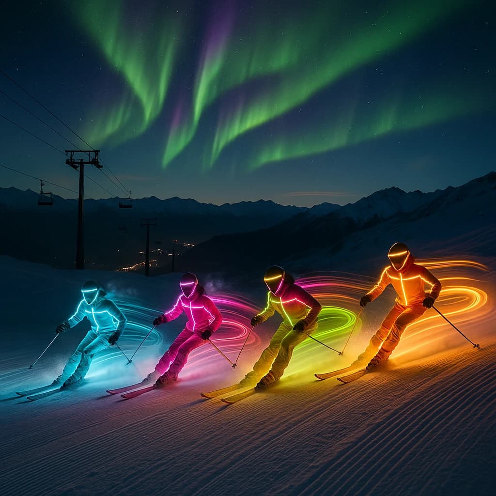 Coronet Peak Night Skiing: Skiers in colorful LED suits carve their way down the slopes of New Zealand's Coronet Peak under the Aurora Borealis, the skiers' light trails visible behind them