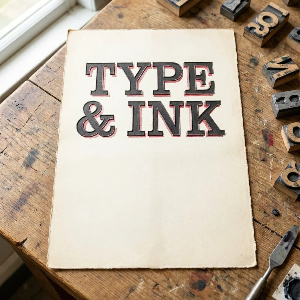 A vintage letterpress poster on a wooden desk: bold slab serif headline, tight kerning, misregistered ink, slightly worn edges, scattered metal type, soft window light.