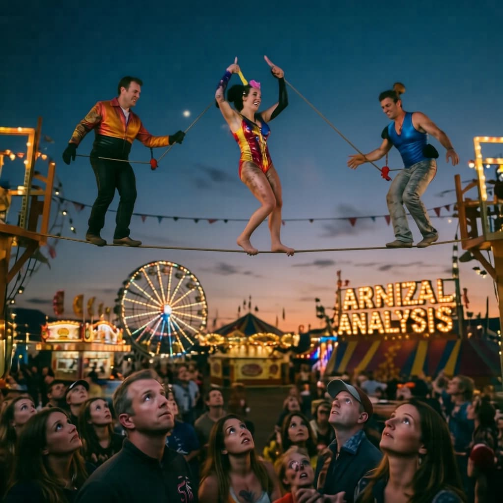 At dusk, high above a carnival crowd, three tightrope walkers balance on a single rope with no aids, one is off balance and grabbing at air. Below, the audience looks upward with baited anticipation. Artificial Analysis is spelled out in the background in carnival lights