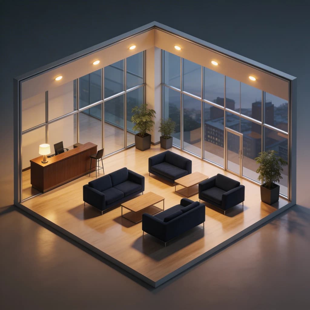 Isometric 3D lobby, glass walls, warm lights, slightly moody, soft shadows.