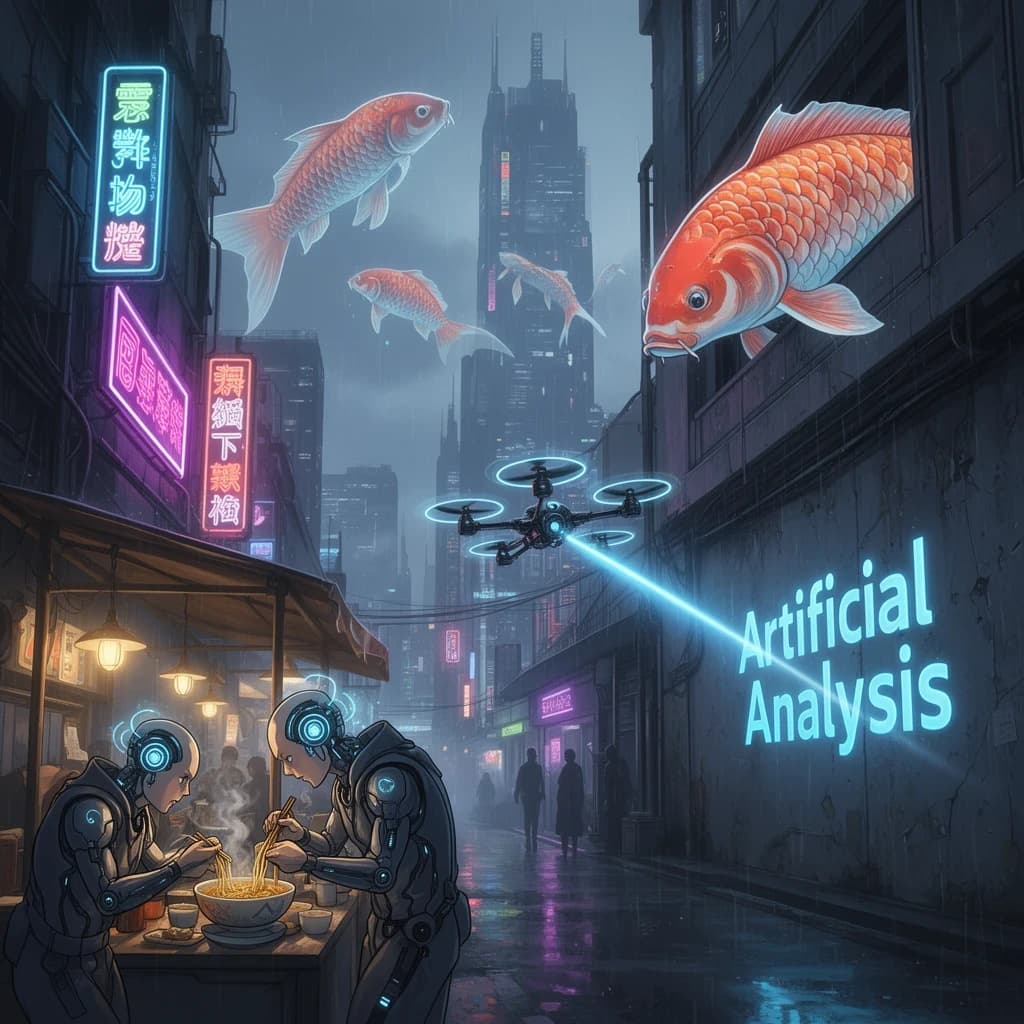 A neon alley in Neo-Tokyo 2142 drips with rain Cybernetic patrons slurp ramen at a stall with their glowing implants humming with blue light. Three giant holographic koi hover 10 metres above the ground and swim across the skyline, one has clipped into a building. A six-prop drone hovers nearby, projecting "Artificial Analysis" onto a wall with blue laser beams visible
