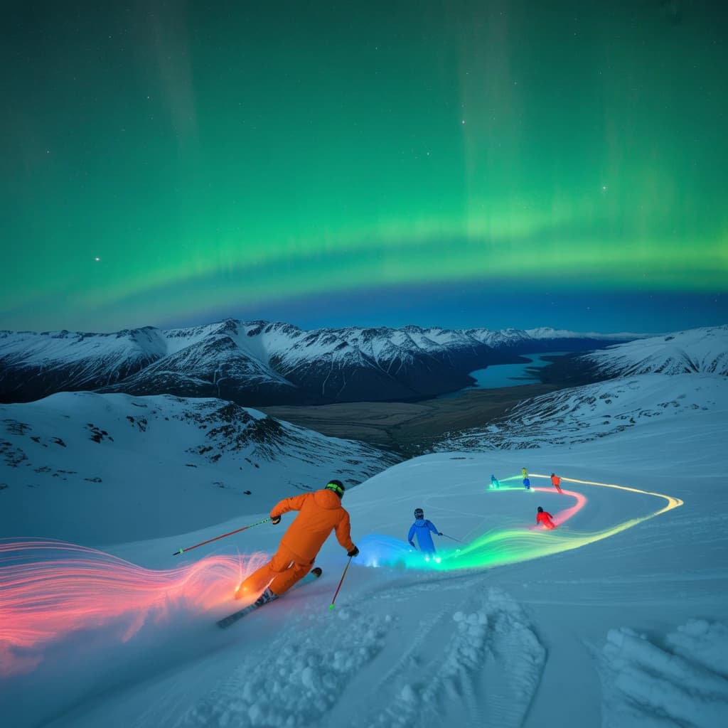 Coronet Peak Night Skiing: Skiers in colorful LED suits carve their way down the slopes of New Zealand's Coronet Peak under the Aurora Borealis, the skiers' light trails visible behind them