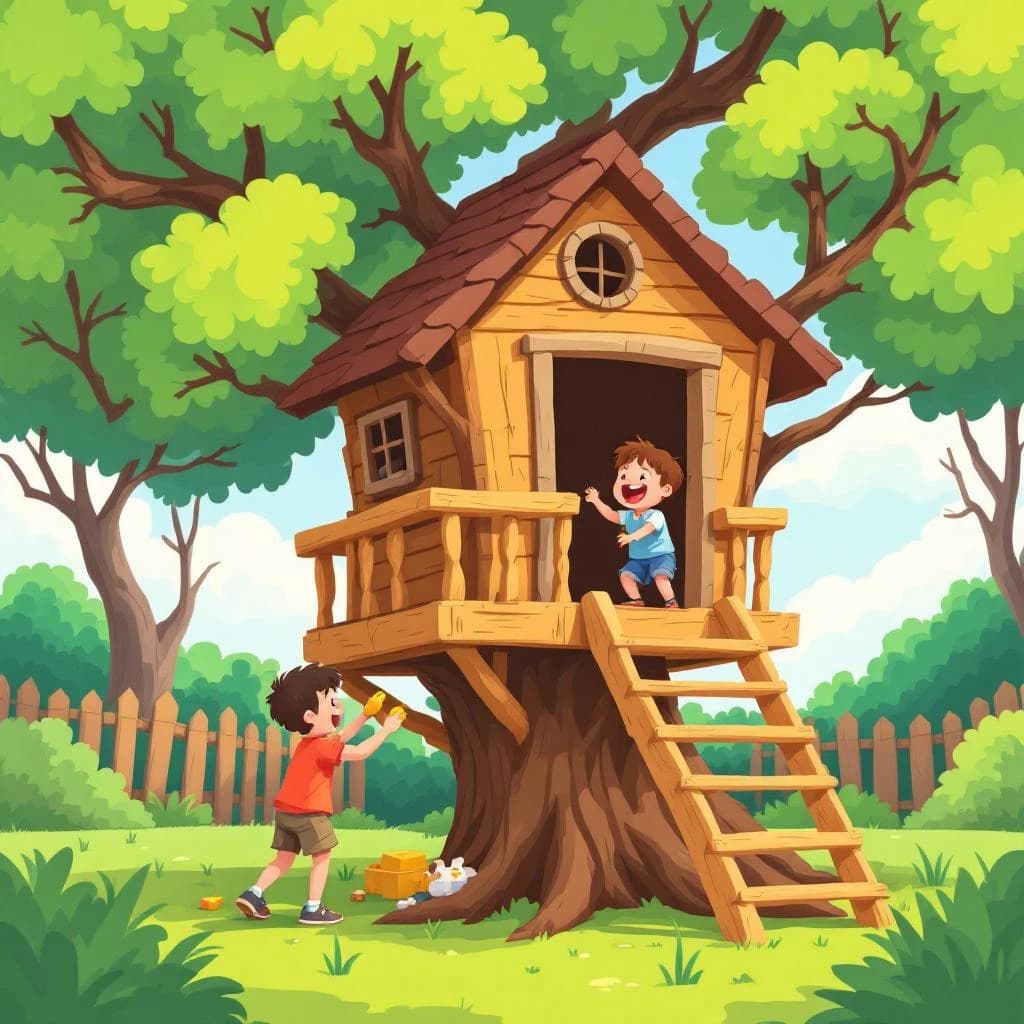 Kids build a backyard treehouse and laugh, bright flat colors, chunky outlines.