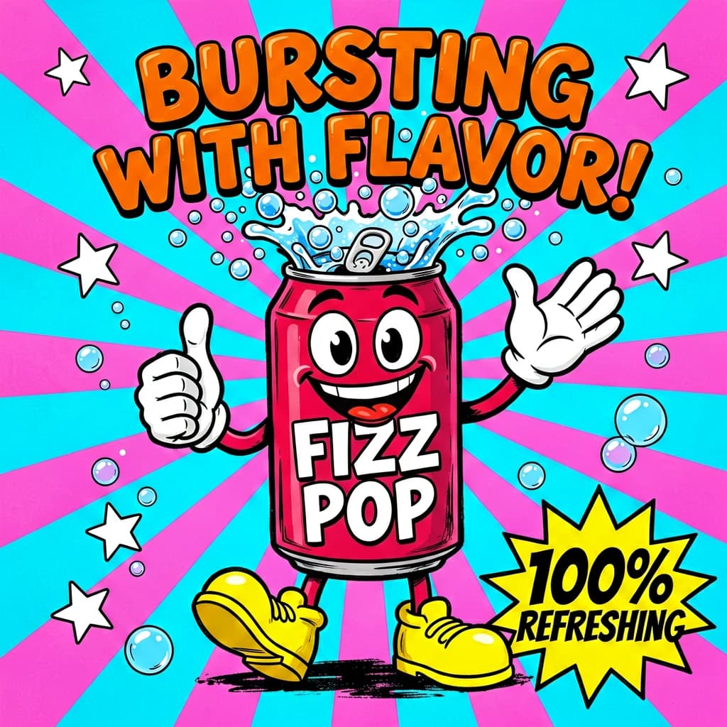 Design a bright soda billboard ad with a bubbly can mascot, thick inky lines.
