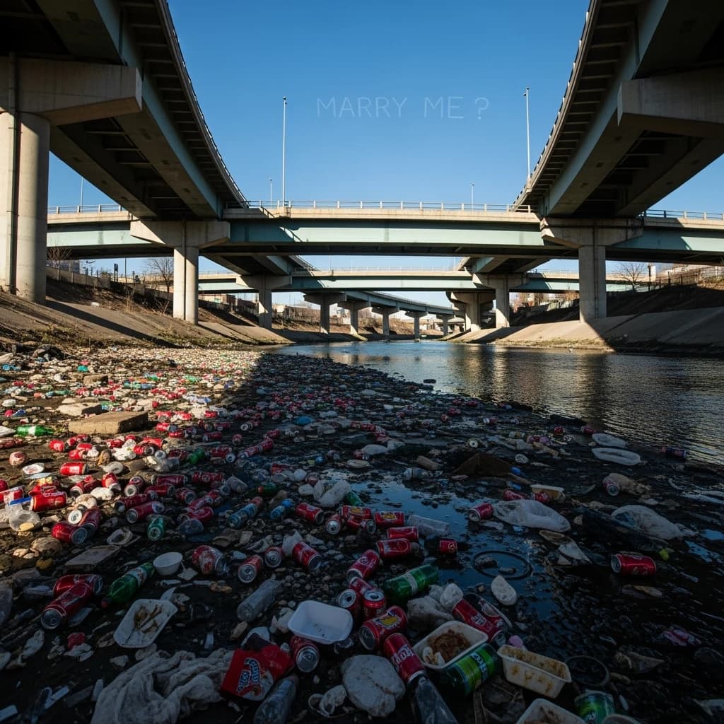 Red soda cans and other garbage sit strewn across the bank of an urban river only a few metres wide. Concrete overpasses criss cross overhead on a bright and sunny day. Fading skywriting proposes marriage