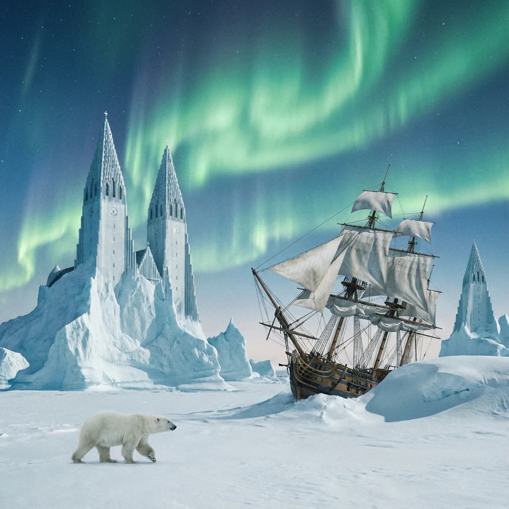 An endless tundra stretches outward, littered with jagged icebergs shaped like cathedral spires. A polar bear trudges across the foreground but leaves no tracks. Auroras ripple overhead. A half-buried shipwreck juts from the snow — sails billowing despite the still air.