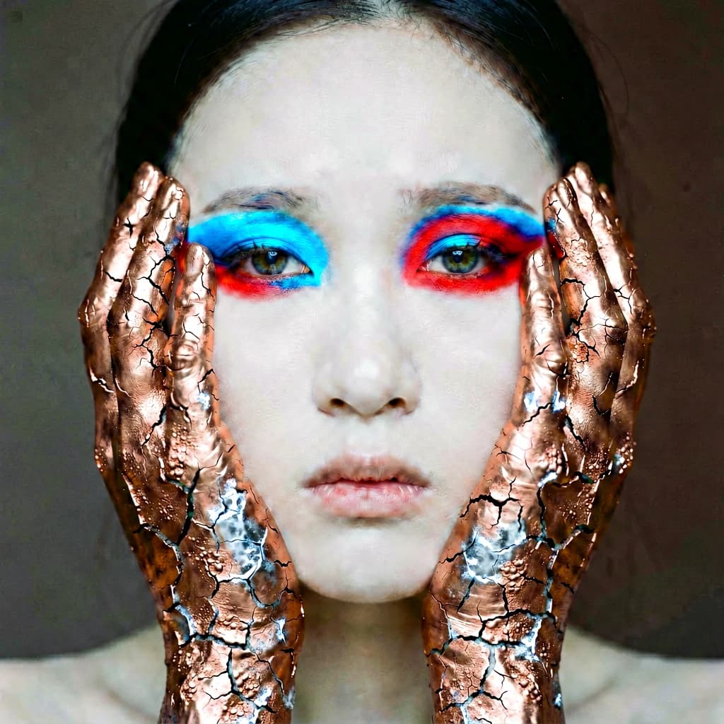 A striking close-up portrait of a woman with cracked metallic copper-painted hands framing her face. Her vivid blue and red eye makeup contrasts sharply with the smooth, pale skin and muted background, creating a bold, surreal composition. She displays an air of uncertainty about her