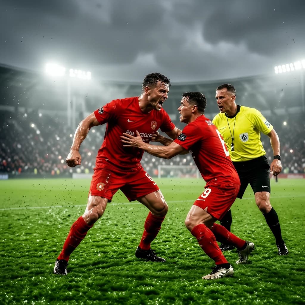 The soccer player clashes with the ref. It is thick and humid and the heat is getting to the players. His friend tries to pull him off before he causes any more trouble.