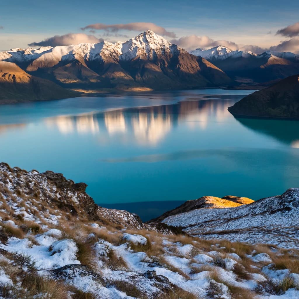 Queenstown's Lake Wakatipu, viewed from the top of Queenstown Hill after a snowstorm just dusted the top of Cecil's Peak