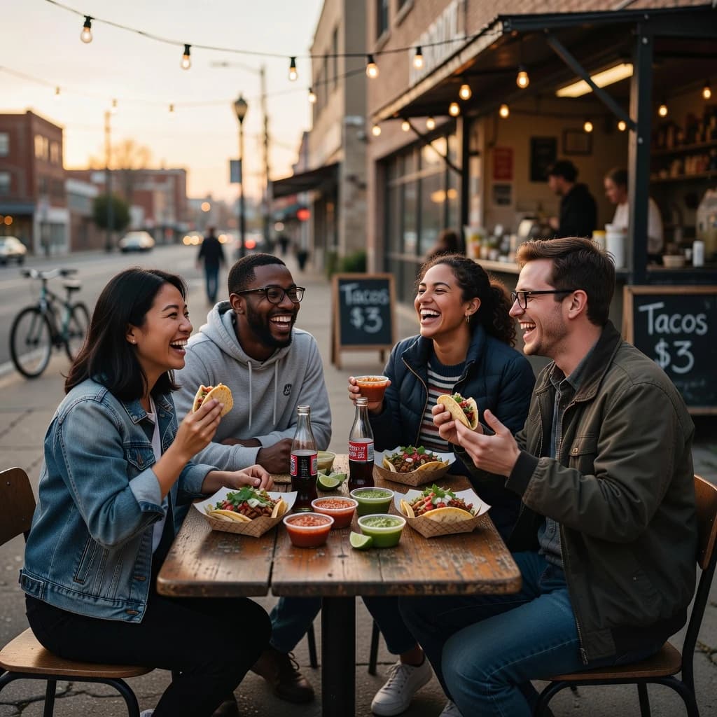 Friends laugh over street tacos at dusk, candid, shallow depth.