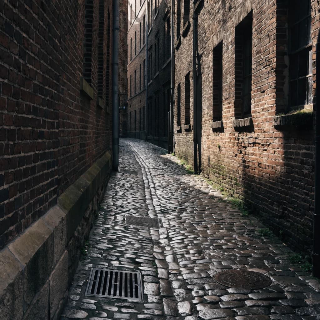 Show a narrow brick alley with wet cobblestones.