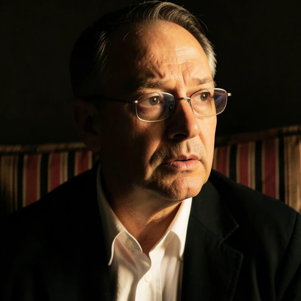 A sharply lit portrait of a middle-aged man wearing thin-rimmed glasses and a dark jacket over a white collared shirt. He gazes intently to the side, his face half illuminated by warm light while the background recedes into deep shadow. The expression is thoughtful, almost wary, as if caught mid-conversation. Behind him, a striped cushion in muted reds and blacks adds subtle texture, contrasting with the crisp highlights on his forehead and glasses. The overall mood is contemplative and cinematic, balancing warmth with tension.