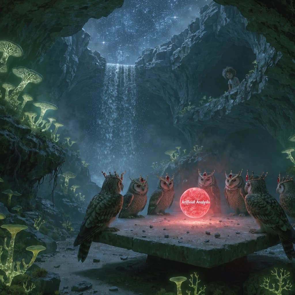 In a cavern lined with bioluminescent fungi glowing lime green, the council of owls wear jeweled crowns that glimmer with rubies, their wings folded behind their backs. Dust coats the stone table, a glowing orb inscribed with “Artificial Analysis” hovers above the table illuminating the owls with its red pulsating light. Behind them, a waterfall falls upward into a ceiling that opens onto stars - a child looks down in wonder from above at what he has stumbled across.