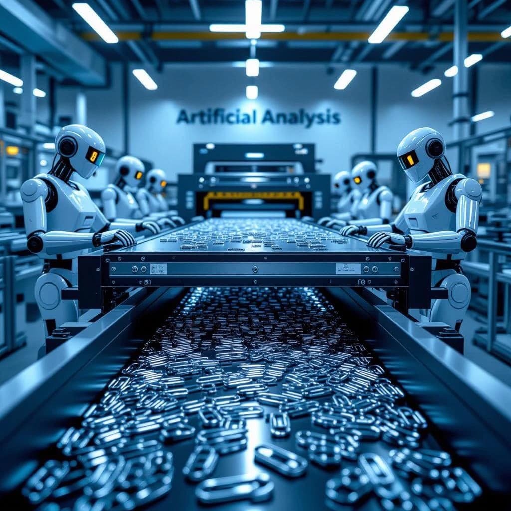 Close up point of view perspective on a conveyor belt pumping out paperclips at a maddening pace. The high tech factory has Artificial Analysis printed proudly on the wall. Robot staff look approvingly over the robust output.
