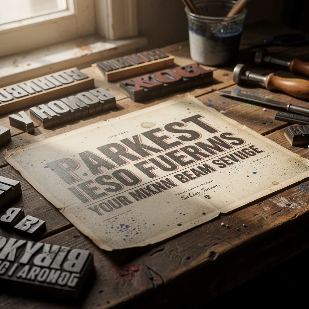 A vintage letterpress poster on a wooden desk: bold slab serif headline, tight kerning, misregistered ink, slightly worn edges, scattered metal type, soft window light.