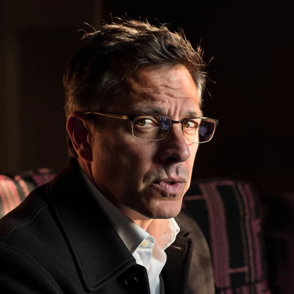 A sharply lit portrait of a middle-aged man wearing thin-rimmed glasses and a dark jacket over a white collared shirt. He gazes intently to the side, his face half illuminated by warm light while the background recedes into deep shadow. The expression is thoughtful, almost wary, as if caught mid-conversation. Behind him, a striped cushion in muted reds and blacks adds subtle texture, contrasting with the crisp highlights on his forehead and glasses. The overall mood is contemplative and cinematic, balancing warmth with tension.