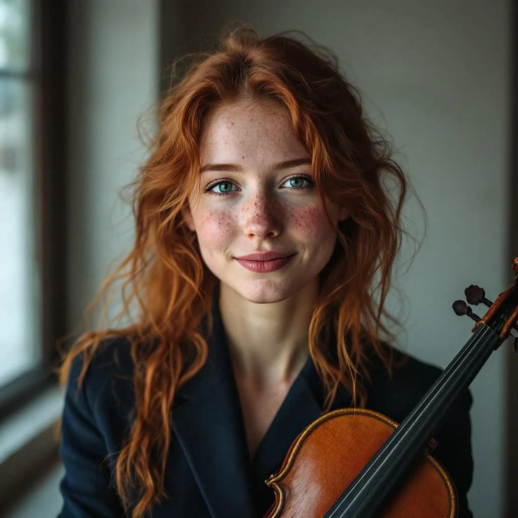 Capture a head-and-shoulders portrait of a freckled red-haired violinist in a navy blazer, soft window light, 85mm at f/1.8, gently smiling yet serious eyes, muted tones.