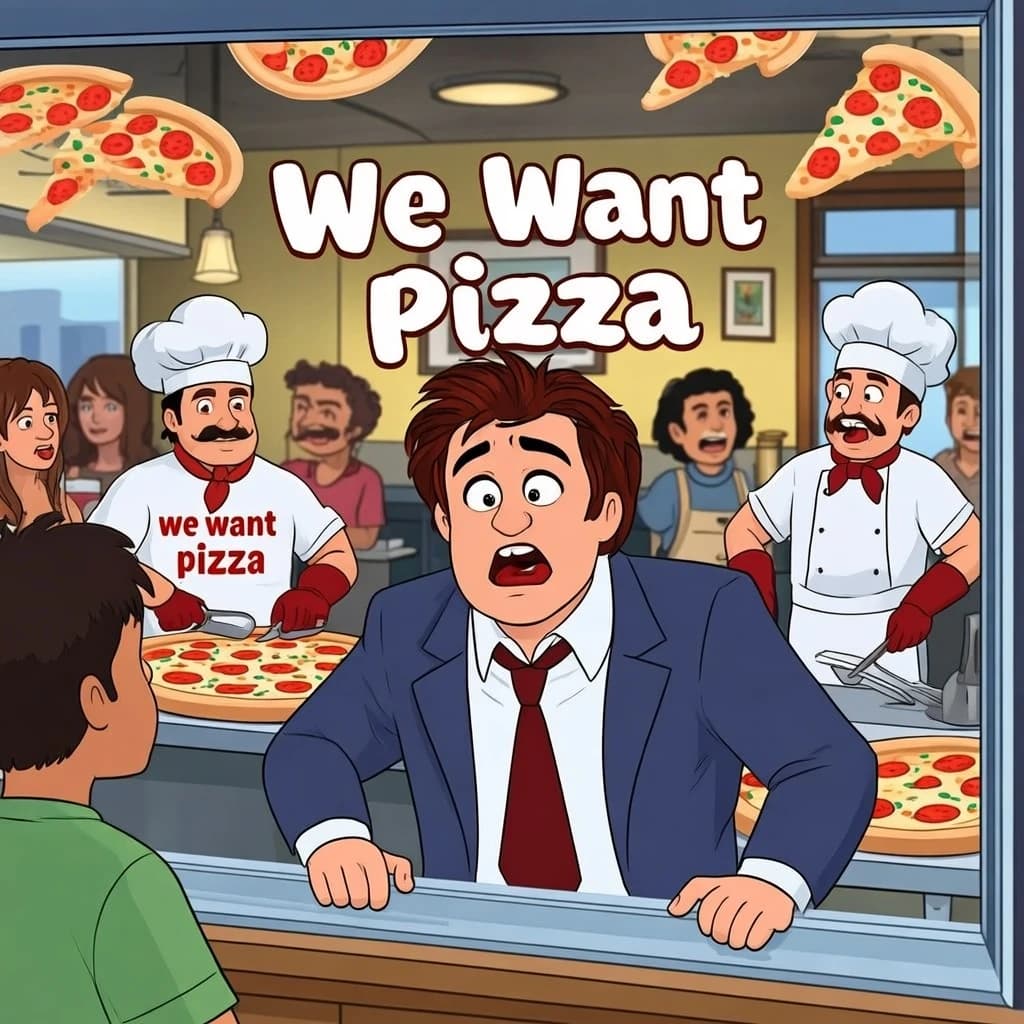 Pasquale is pulling his few remaining hairs out over a disaster at the pizzeria - the cooks are working as fast as they can but the crowds outside are swelling and they demand hot hot pizza! They are banging on the glass and some are wearing "we want pizza" shirts. 1980s western TV animation style.