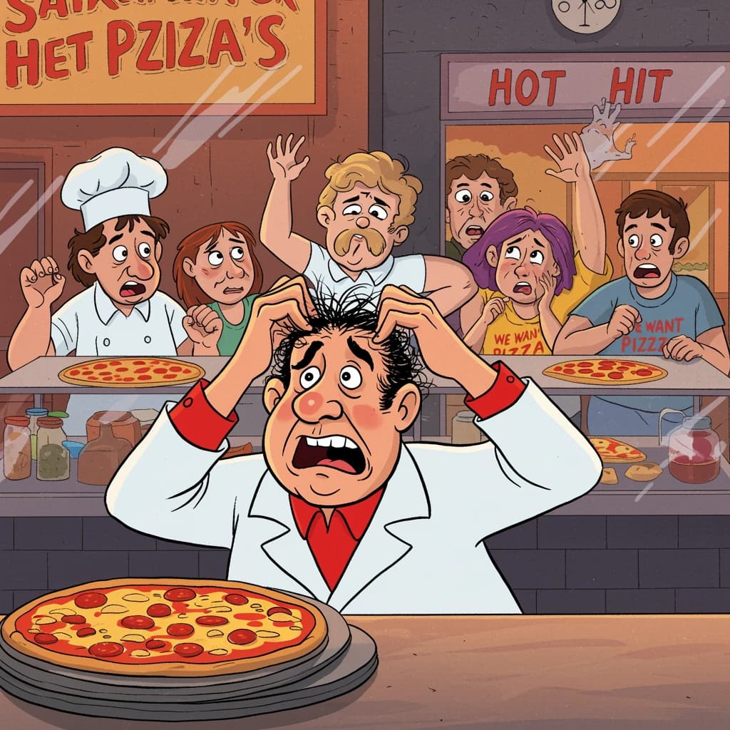 Pasquale is pulling his few remaining hairs out over a disaster at the pizzeria - the cooks are working as fast as they can but the crowds outside are swelling and they demand hot hot pizza! They are banging on the glass and some are wearing "we want pizza" shirts. 1980s western TV animation style.