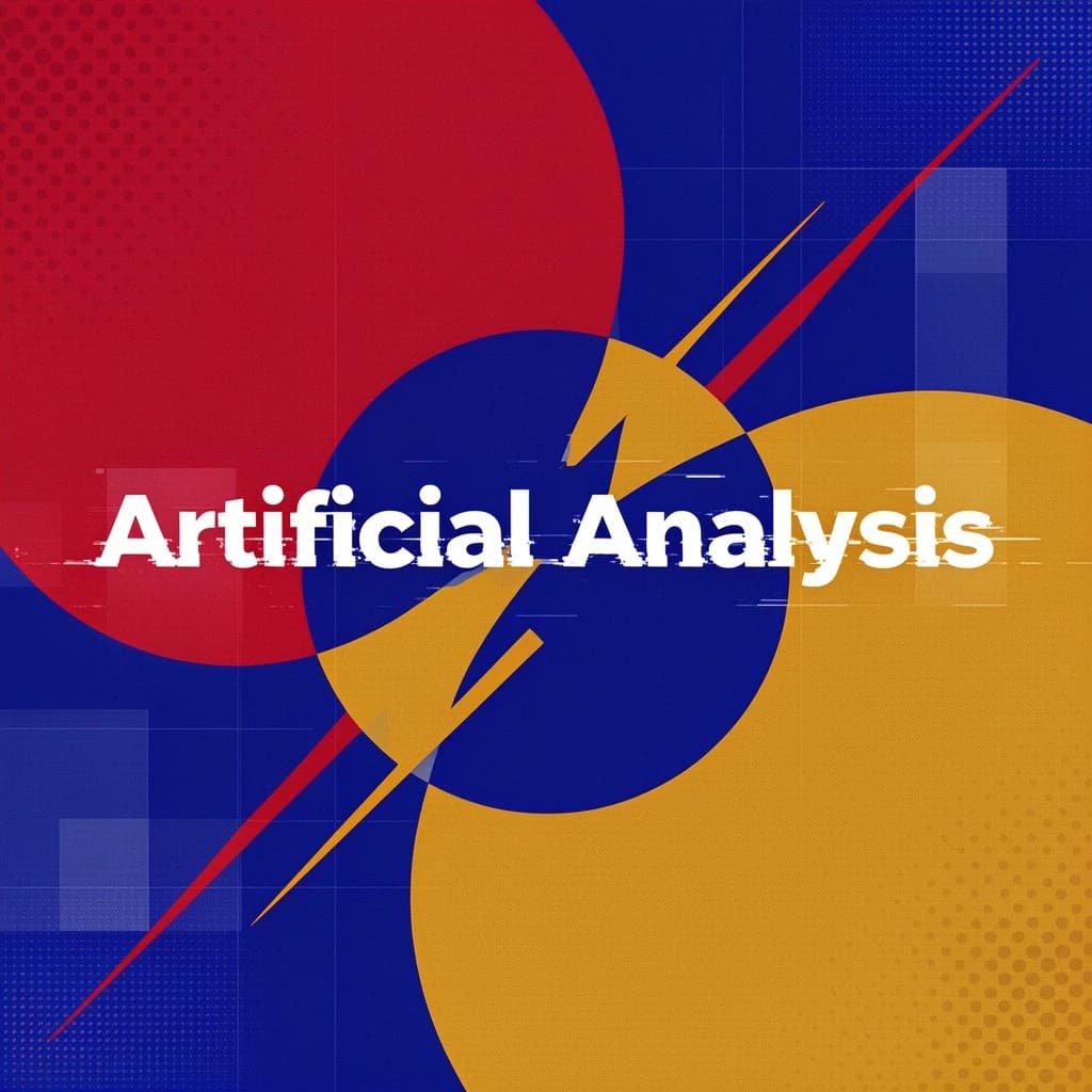 A bold poster composition dominated by flat geometric shapes in crimson, cobalt, and ochre. Overlapping circles and sharp diagonal lines create dynamic tension across the frame. A single sans-serif word — Artificial Analysis — stretches across the center in stark white, distorted slightly as though caught mid-glitch. The background is textured with halftone dots and faint grid lines, while subtle overlays of translucent rectangles suggest depth. Designed in the spirit of modernist Swiss typography fused with digital glitch aesthetics.