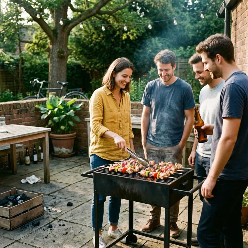 Friends grill skewers on a slightly messy patio.