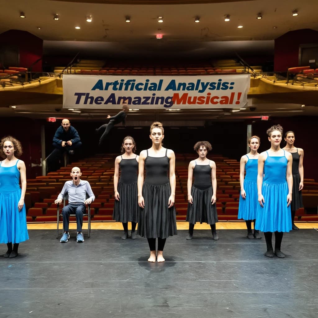 The musical troupe do a rehearsal in a large, empty theatre. 9 people are on the stage, half wear black and the others wear blue. The skinny bald director, seated in the second row, is practically leaping out of their seat with excitement as the leads nail their aerial. A giant banner reading "Artificial Analysis: The Amazing Musical!" is behind the actors.