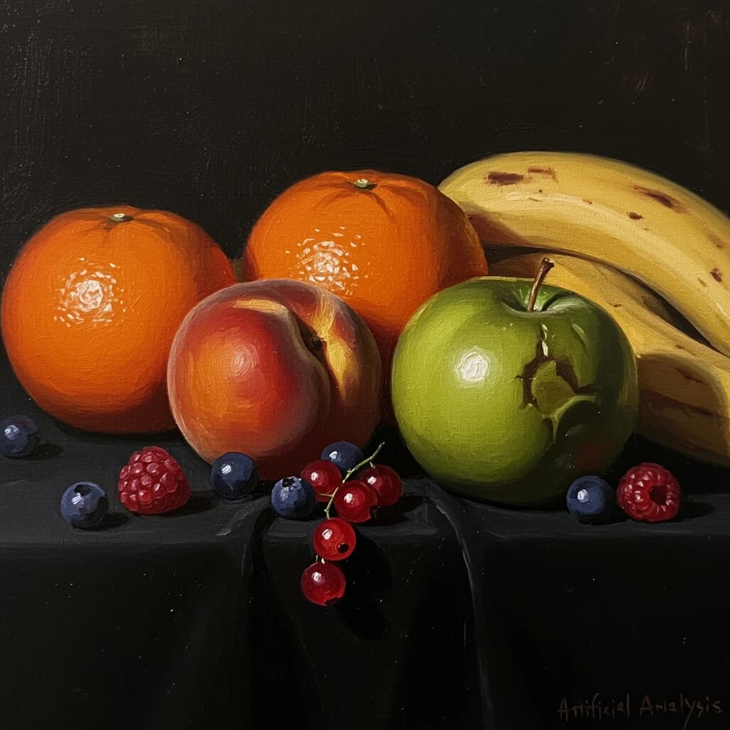 A still life scene painted oil on canvas, comprising various fruits on a black table cloth with striking lighting coming from the right out of frame, creating strong shadows. A bruised green apple is in the foreground, a peach behind it, and behind that a melange of oranges and bananas in various states of ripeness. Berries are strewn in front of the apple. The artist has signed his name "Artificial Analysis" in the bottom right corner in a hurried fashion.