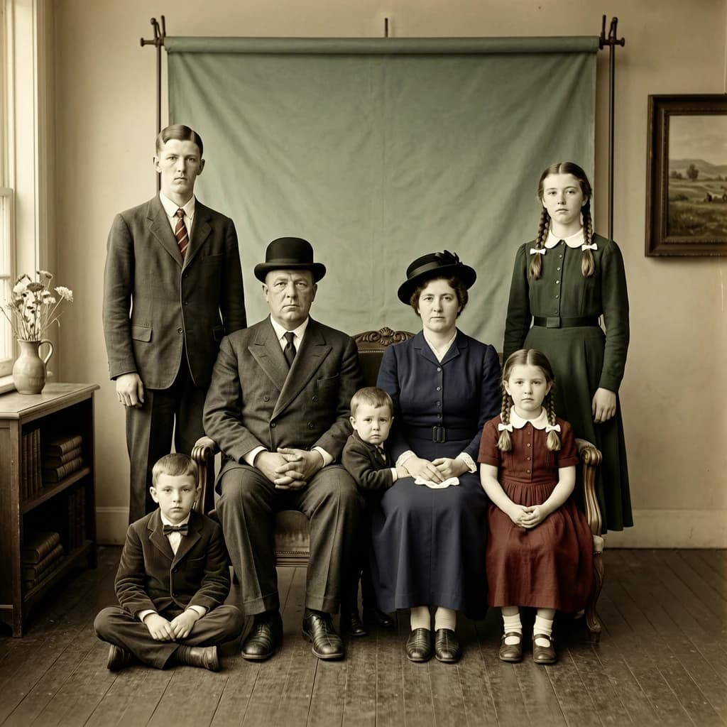 Everybody holds still and nobody smiles for the family portrait. It's 1928 in Kansas
