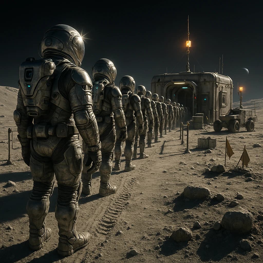 Silver exosuits queue at a dusty lunar checkpoint.