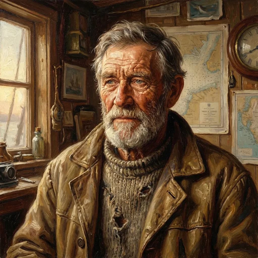 Oil on canvas portrait of an elderly sailor, weathered face, soft light.