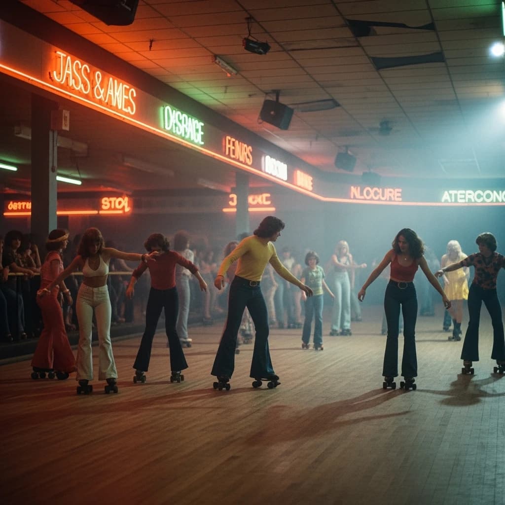 A 1970s roller rink crowd skates under neon, with a bit of fade and film grain.