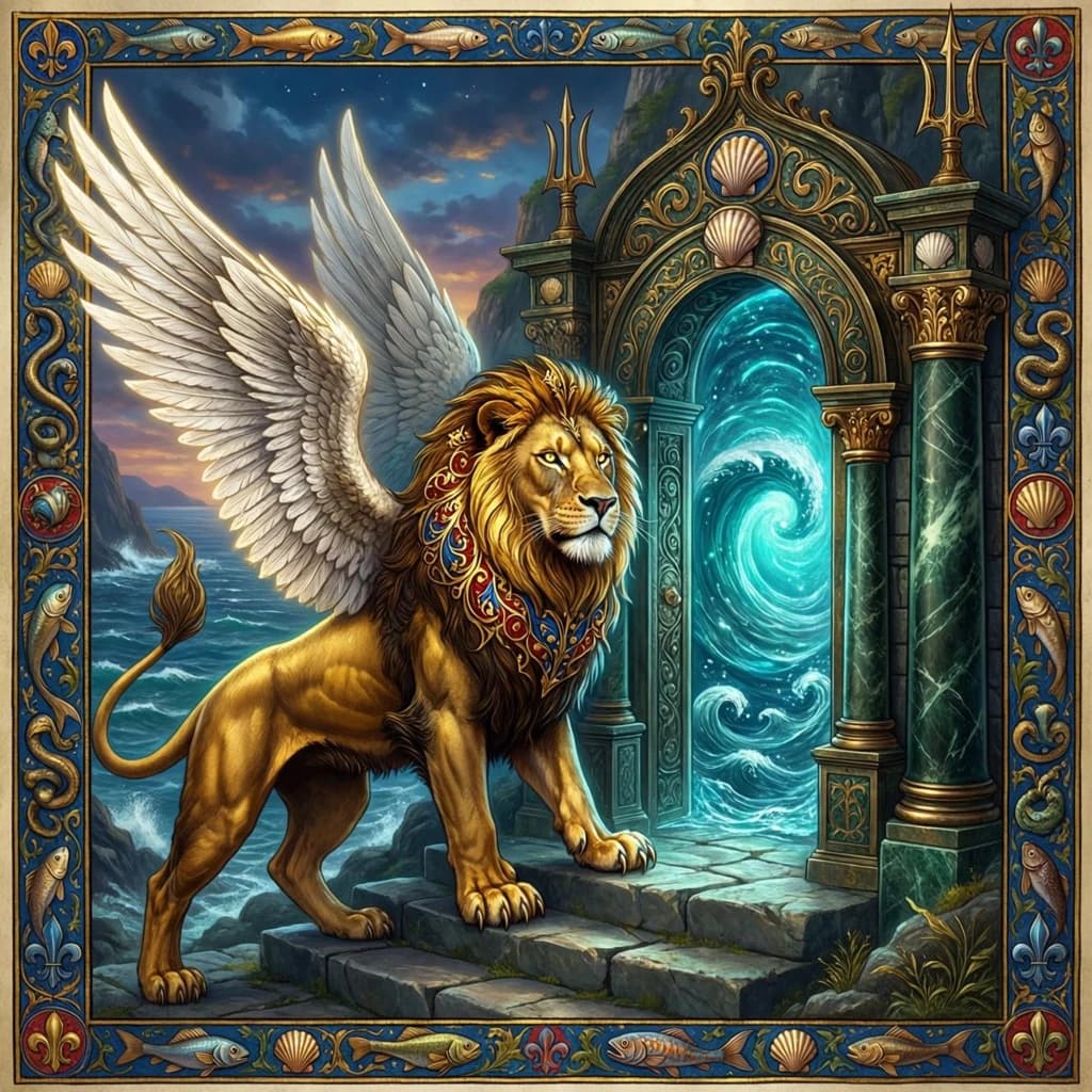 Paint an illuminated manuscript scene of a winged lion guarding a sea gate.