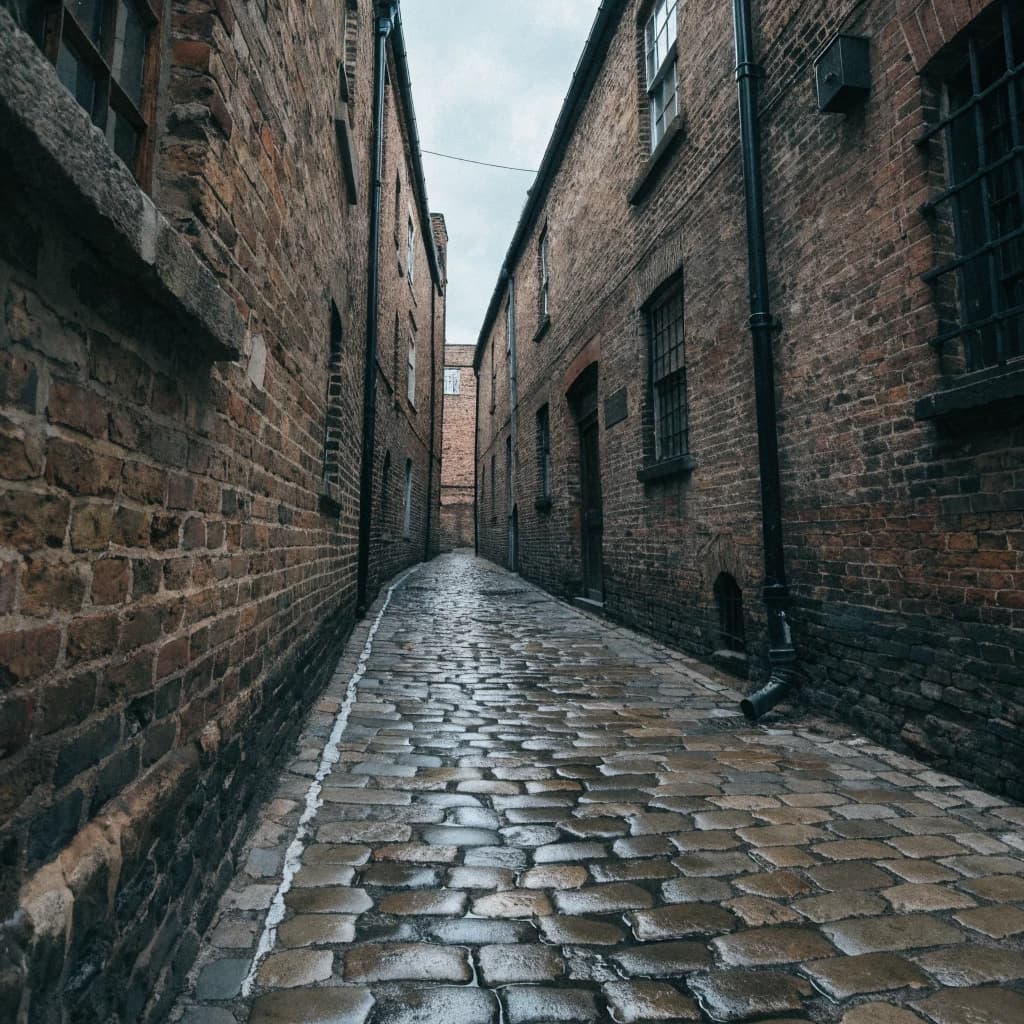 Show a narrow brick alley with wet cobblestones.